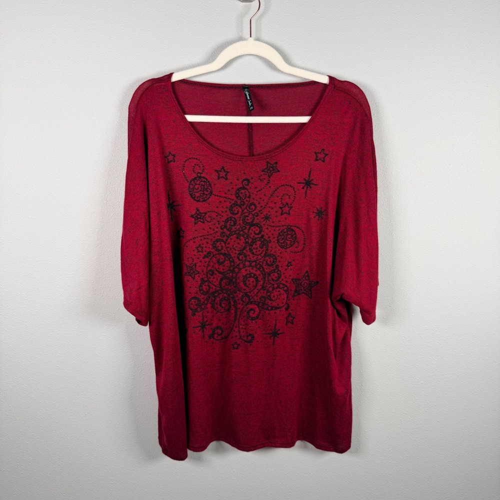Forever Jade Womens 3X Red Christmas Tree Beaded Dolman Sleeve Slub Top